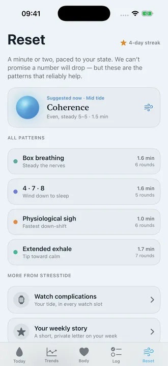 Reset screen with breathing patterns and a guided breathing aura